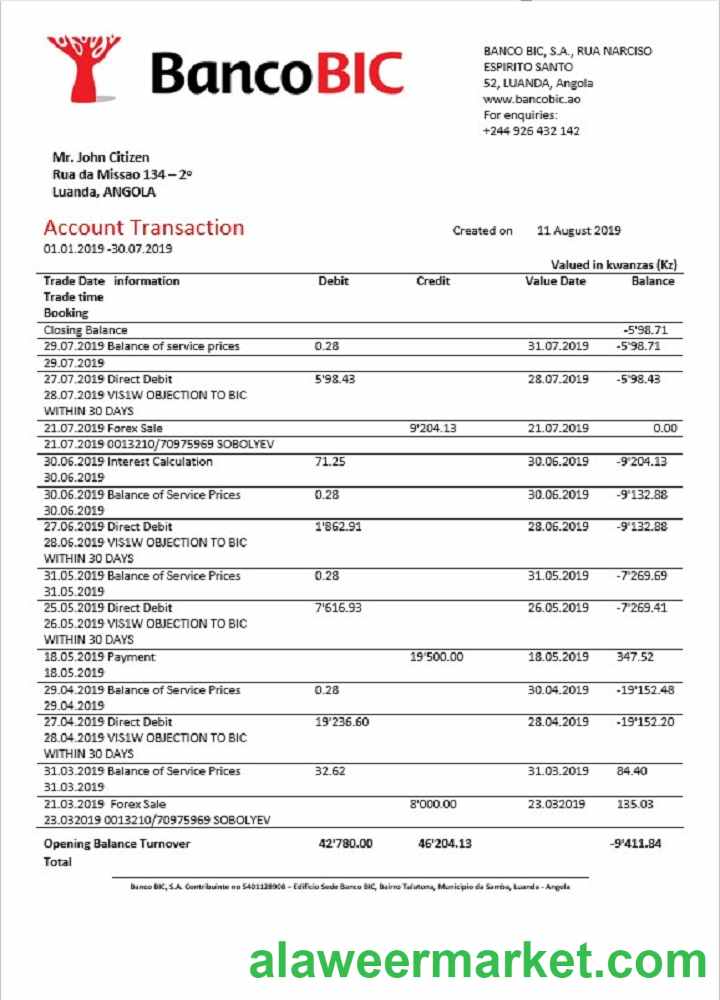 Angola Banco BIC bank statement